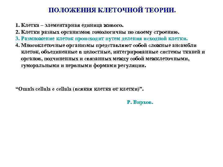 ПОЛОЖЕНИЯ КЛЕТОЧНОЙ ТЕОРИИ. 1. Клетка – элементарная единица живого. 2. Клетки разных организмов гомологичны