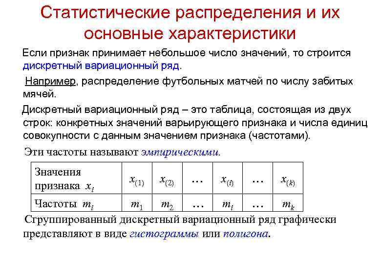 Статистические распределения и их основные характеристики Если признак принимает небольшое число значений, то строится