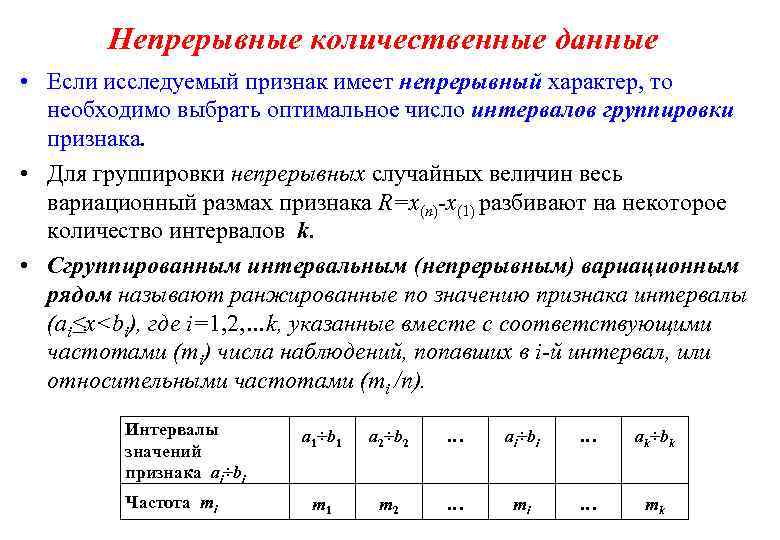 Непрерывные количественные данные • Если исследуемый признак имеет непрерывный характер, то необходимо выбрать оптимальное