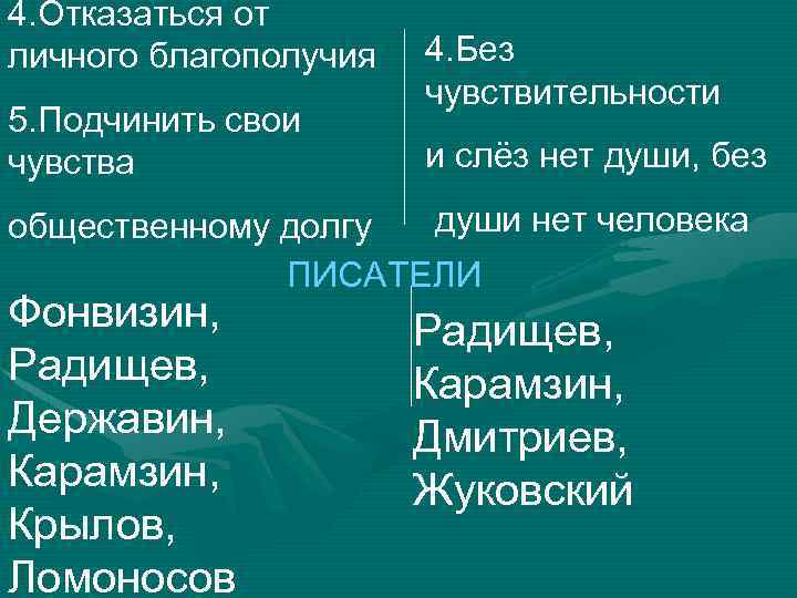 4. Отказаться от личного благополучия 5. Подчинить свои чувства 4. Без чувствительности и слёз