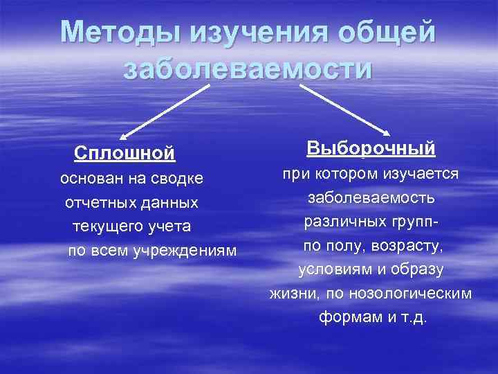 Методы изучения общей заболеваемости Сплошной основан на сводке отчетных данных текущего учета по всем