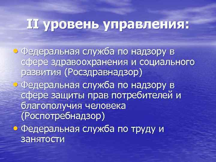 II уровень управления: • Федеральная служба по надзору в сфере здравоохранения и социального развития
