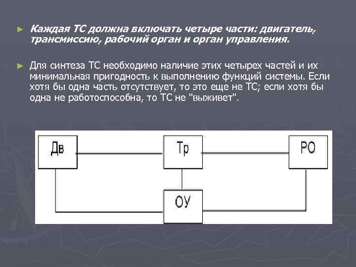 ► Каждая ТС должна включать четыре части: двигатель, трансмиссию, рабочий орган и орган управления.