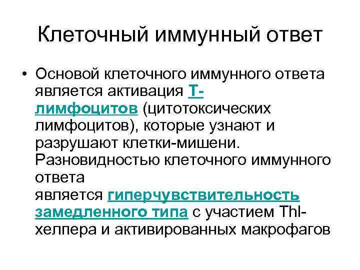 Клеточный иммунный ответ • Основой клеточного иммунного ответа является активация Тлимфоцитов (цитотоксических лимфоцитов), которые