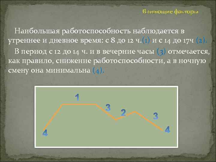 Влияющие факторы Наибольшая работоспособность наблюдается в утреннее и дневное время: с 8 до 12