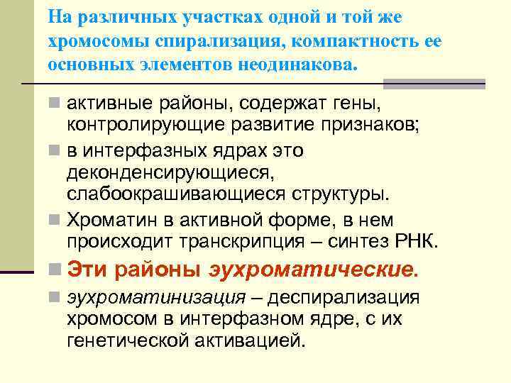 На различных участках одной и той же хромосомы спирализация, компактность ее основных элементов неодинакова.