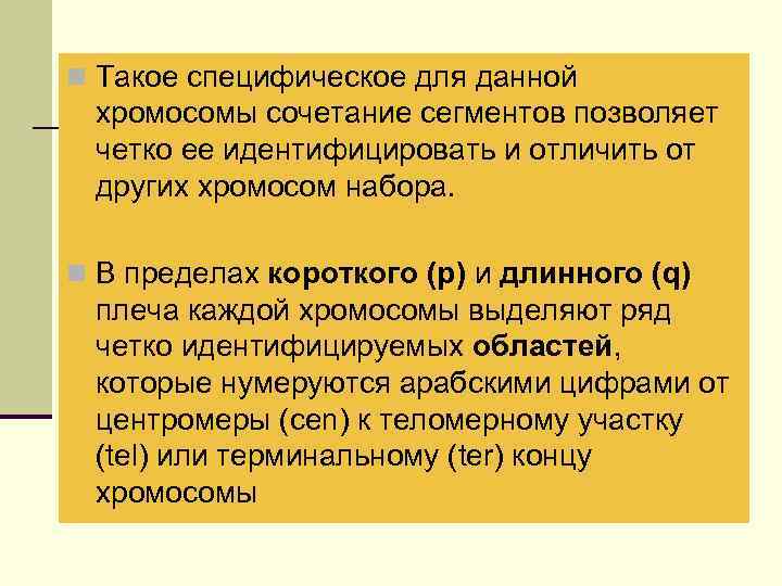 n Такое специфическое для данной хромосомы сочетание сегментов позволяет четко ее идентифицировать и отличить