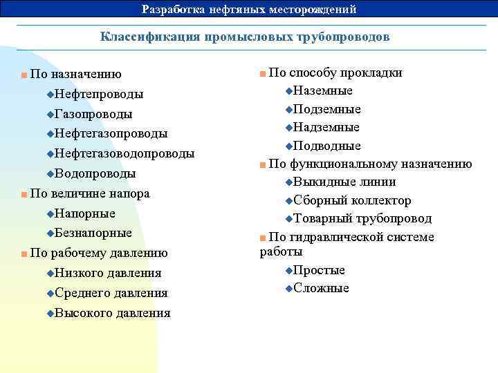 Разработка нефтяных месторождений Классификация промысловых трубопроводов По назначению u. Нефтепроводы u. Газопроводы u. Нефтегазоводопроводы