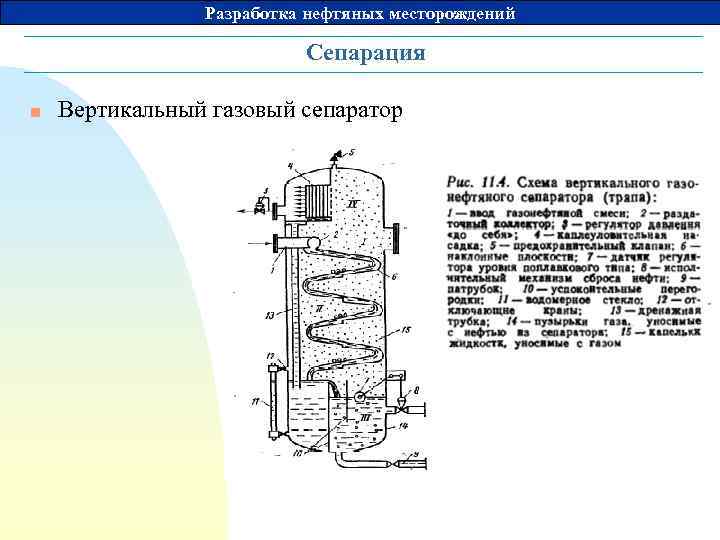 Разработка нефтяных месторождений Сепарация n Вертикальный газовый сепаратор 