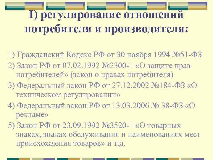 I) регулирование отношений потребителя и производителя: 1) Гражданский Кодекс РФ от 30 ноября 1994