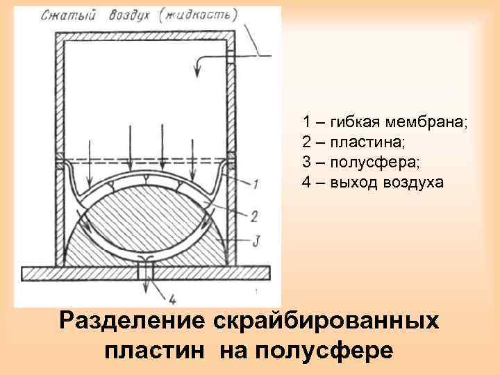1 – гибкая мембрана; 2 – пластина; 3 – полусфера; 4 – выход воздуха