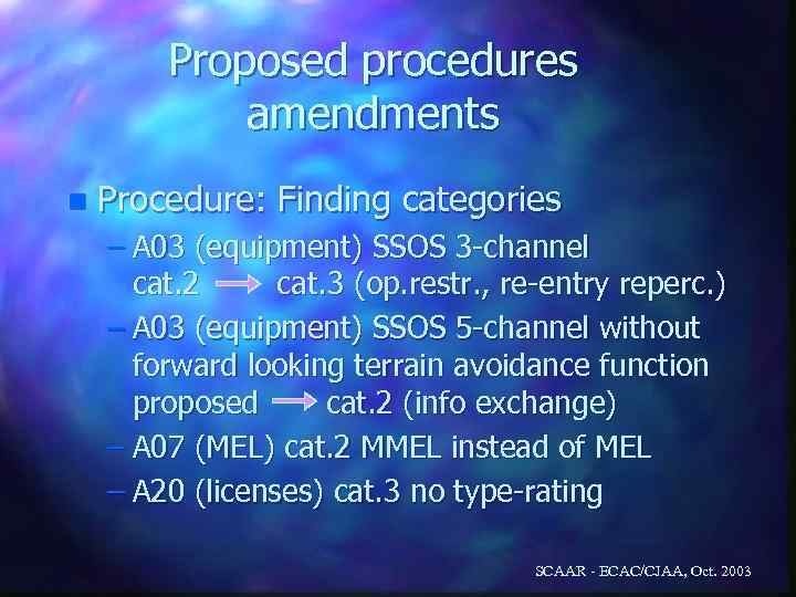 Proposed procedures amendments n Procedure: Finding categories – A 03 (equipment) SSOS 3 -channel