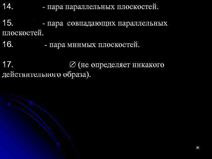 14. - параллельных плоскостей. 15. - пара совпадающих параллельных плоскостей. 16. - пара мнимых