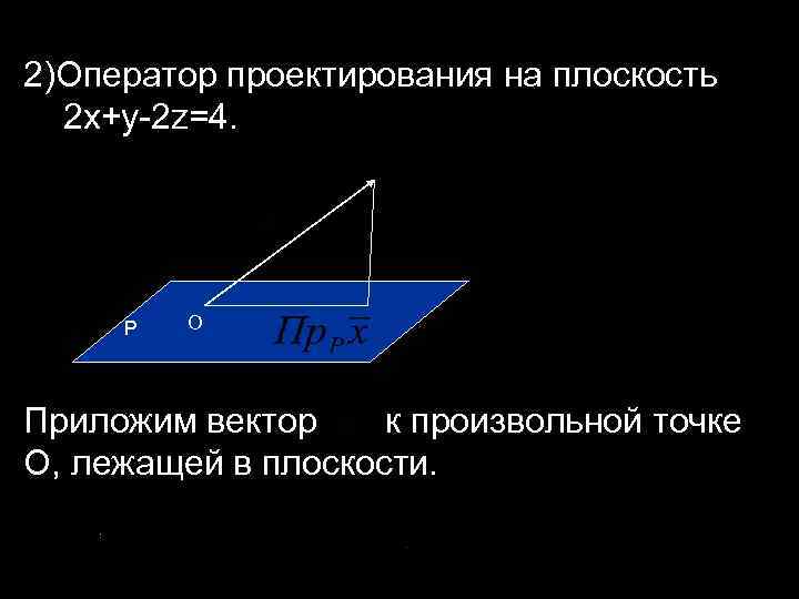 2)Оператор проектирования на плоскость 2 x+y-2 z=4. P O Приложим вектор к произвольной точке