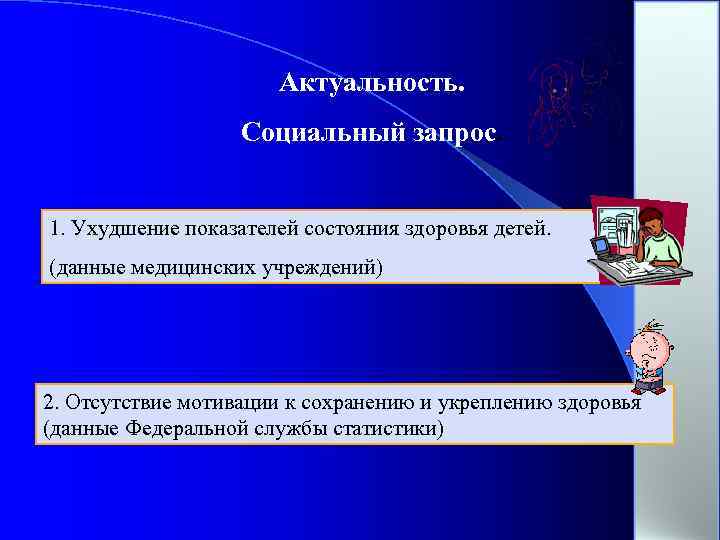 Актуальность. Социальный запрос. 1. Ухудшение показателей состояния здоровья детей. (данные медицинских учреждений) 2. Отсутствие