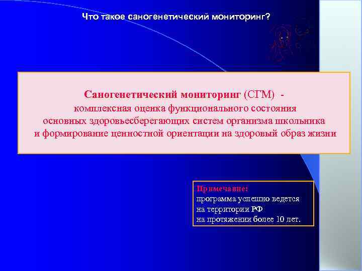 Что такое саногенетический мониторинг? Саногенетический мониторинг (СГМ) - комплексная оценка функционального состояния основных здоровьесберегающих