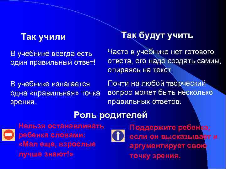 Так будут учить Так учили В учебнике всегда есть один правильный ответ! Часто в