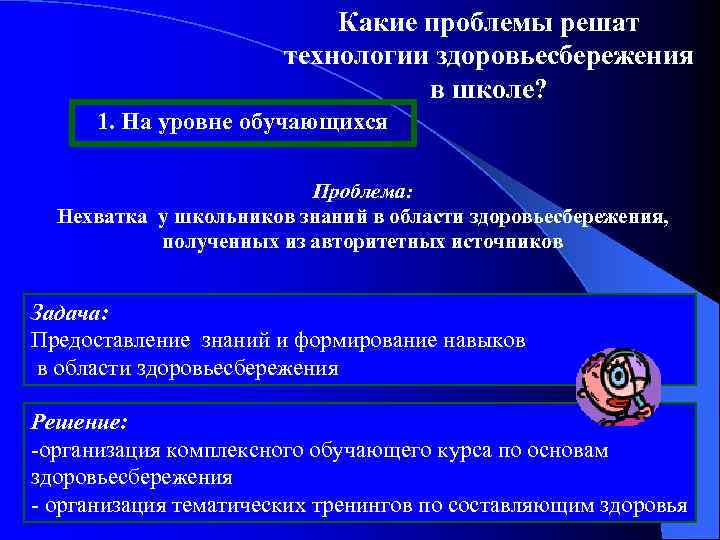 Какие проблемы решат технологии здоровьесбережения в школе? 1. На уровне обучающихся Проблема: Нехватка у