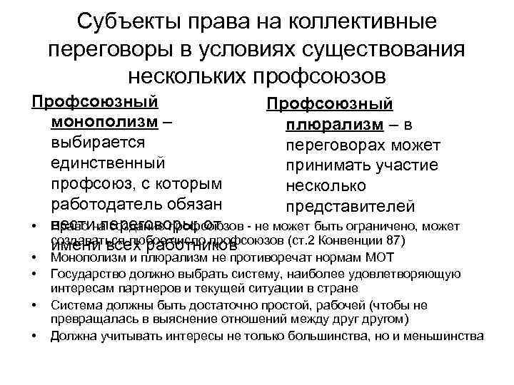 Субъекты права на коллективные переговоры в условиях существования нескольких профсоюзов Профсоюзный монополизм – плюрализм
