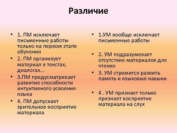 Различие • 1. ПМ исключает письменные работы только на первом этапе обучения • 2.