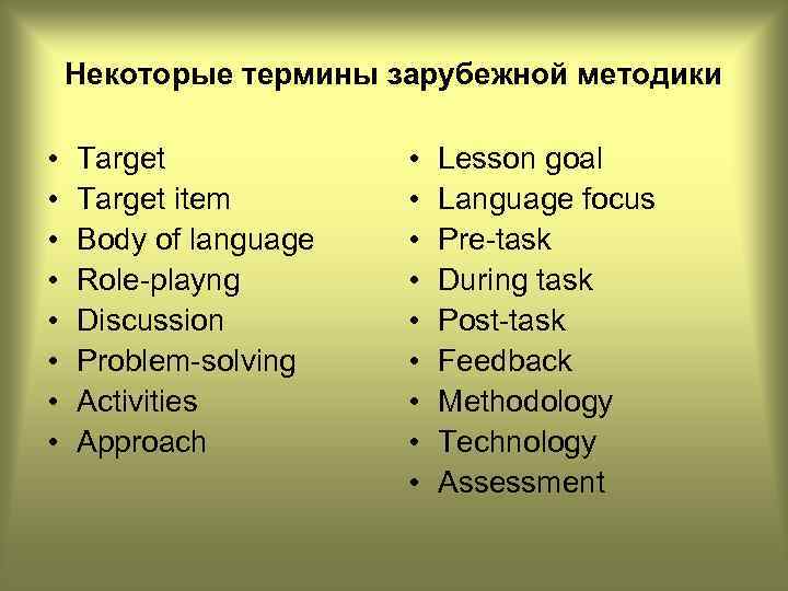 Некоторые термины зарубежной методики • • Target item Body of language Role-playng Discussion Problem-solving