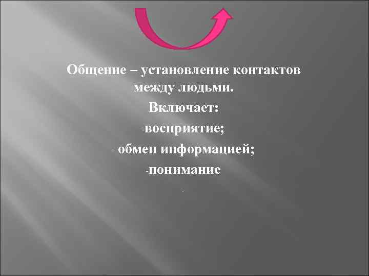 Общение – установление контактов между людьми. Включает: -восприятие; - обмен информацией; -понимание - 