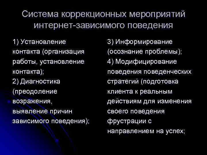 Система коррекционных мероприятий интернет-зависимого поведения 1) Установление контакта (организация работы, установление контакта); 2) Диагностика