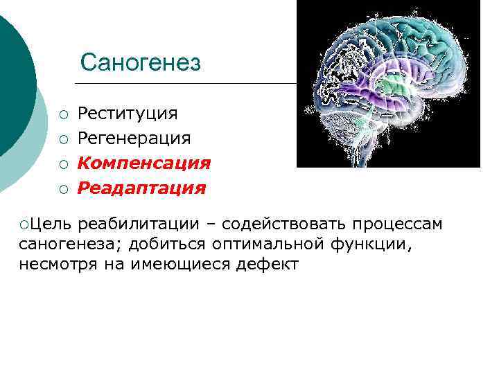 Саногенез ¡ ¡ Реституция Регенерация Компенсация Реадаптация ¡Цель реабилитации – содействовать процессам саногенеза; добиться