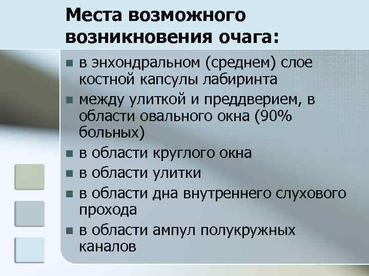 Места возможного возникновения очага: n n n в энхондральном (среднем) слое костной капсулы лабиринта