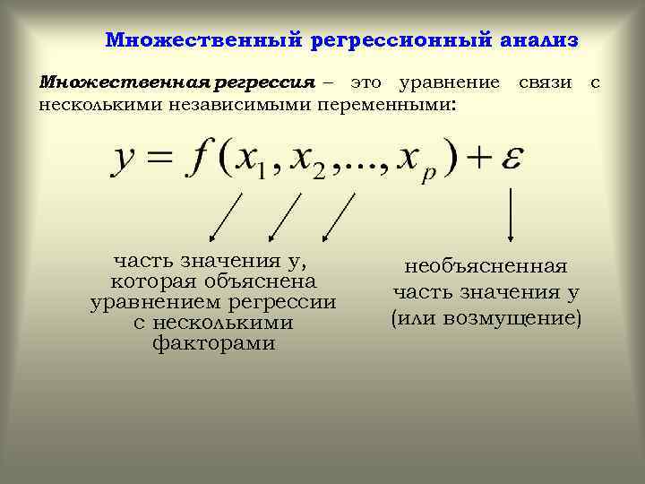 Множественный регрессионный анализ Множественная регрессия – это уравнение связи с несколькими независимыми переменными: часть
