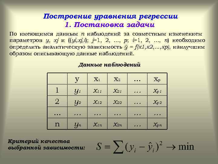 Построение уравнения регрессии 1. Постановка задачи По имеющимся данным n наблюдений за совместным изменением