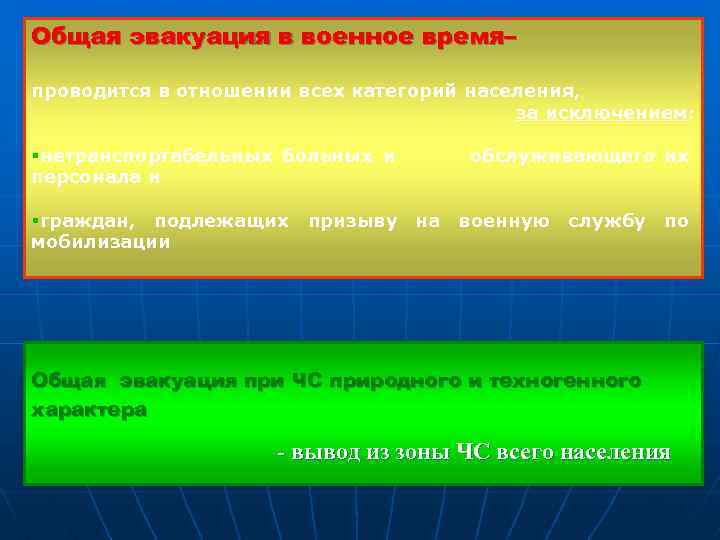 Общая эвакуация в военное время– проводится в отношении всех категорий населения, за исключением: §нетранспортабельных