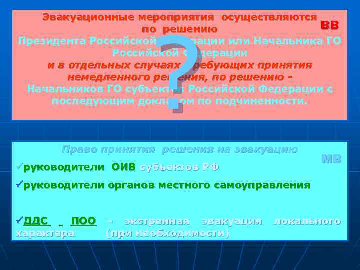? Эвакуационные мероприятия осуществляются ВВ по решению Президента Российской Федерации или Начальника ГО Российской