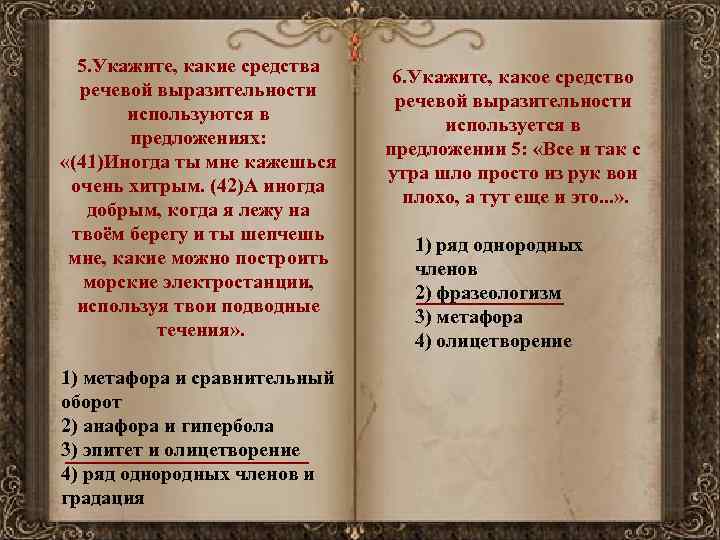 5. Укажите, какие средства речевой выразительности используются в предложениях: «(41)Иногда ты мне кажешься очень