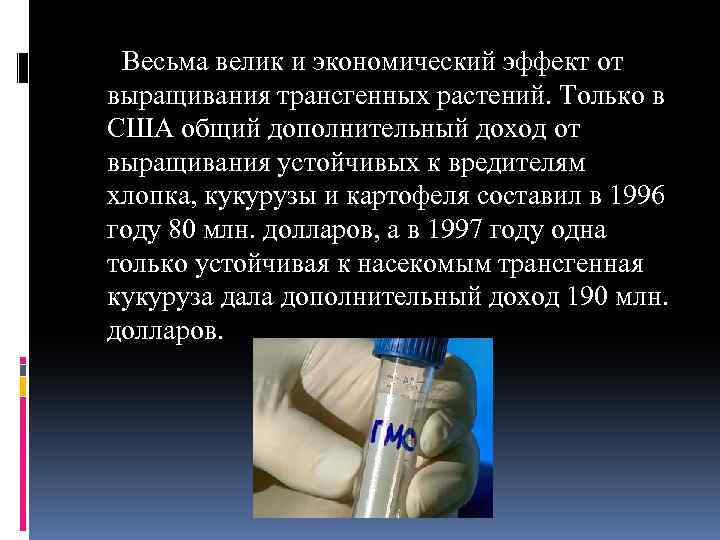  Весьма велик и экономический эффект от выращивания трансгенных растений. Только в США общий