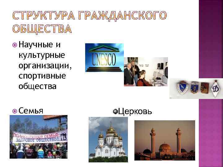  Научные и культурные организации, спортивные общества Семья Церковь 