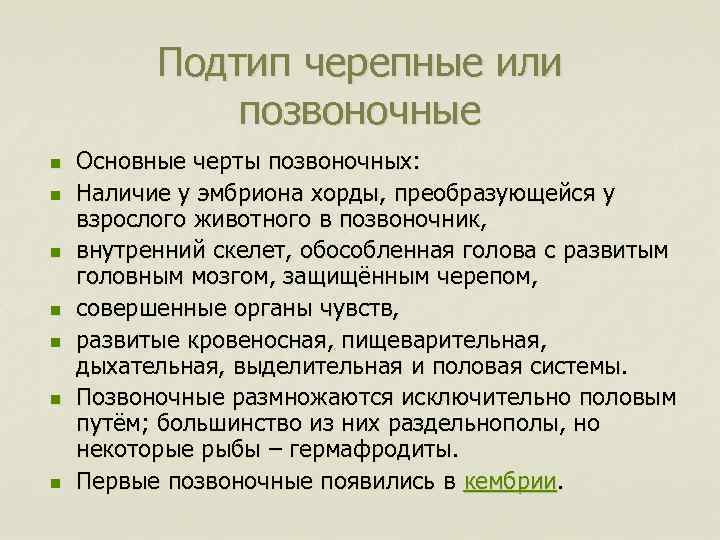 Подтип черепные или позвоночные n n n n Основные черты позвоночных: Наличие у эмбриона