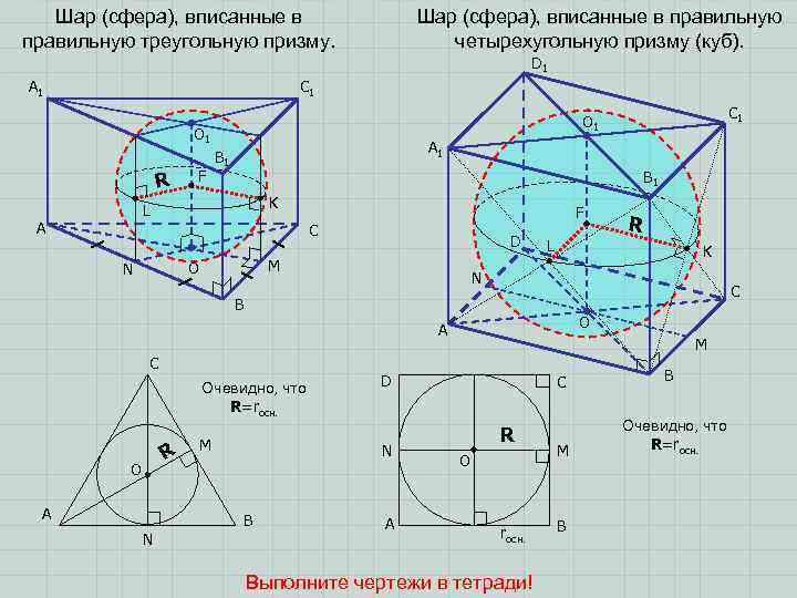 Шар (сфера), вписанные в правильную треугольную призму. Шар (сфера), вписанные в правильную четырехугольную призму