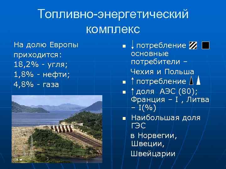 Топливно-энергетический комплекс На долю Европы приходится: 18, 2% - угля; 1, 8% - нефти;