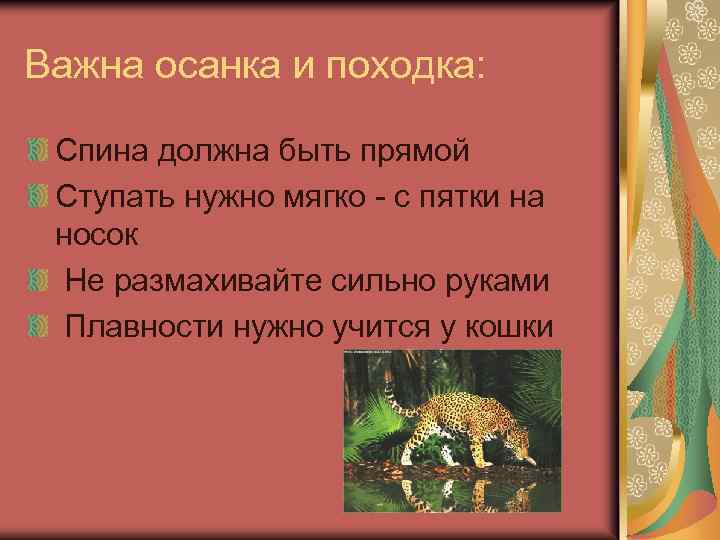 Важна осанка и походка: Спина должна быть прямой Ступать нужно мягко - с пятки
