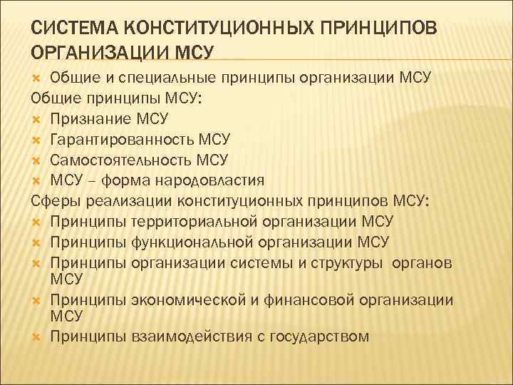 СИСТЕМА КОНСТИТУЦИОННЫХ ПРИНЦИПОВ ОРГАНИЗАЦИИ МСУ Общие и специальные принципы организации МСУ Общие принципы МСУ: