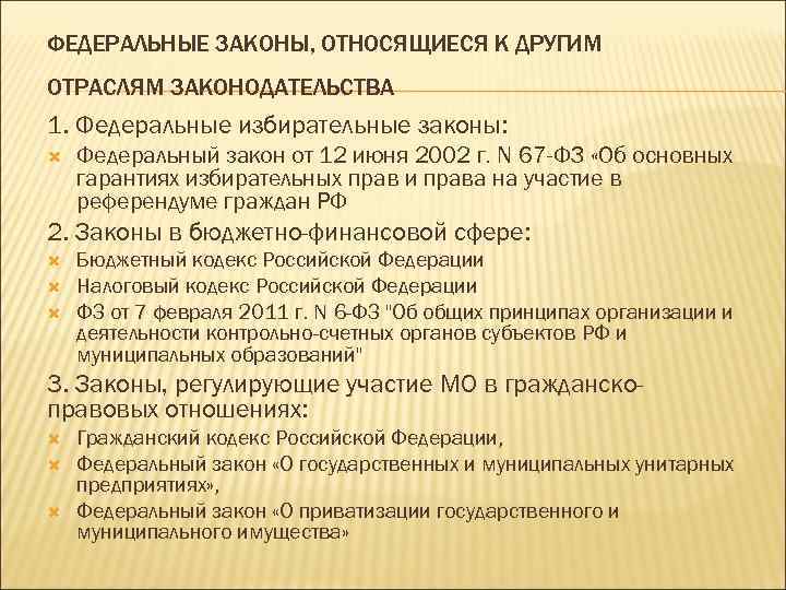 ФЕДЕРАЛЬНЫЕ ЗАКОНЫ, ОТНОСЯЩИЕСЯ К ДРУГИМ ОТРАСЛЯМ ЗАКОНОДАТЕЛЬСТВА 1. Федеральные избирательные законы: Федеральный закон от