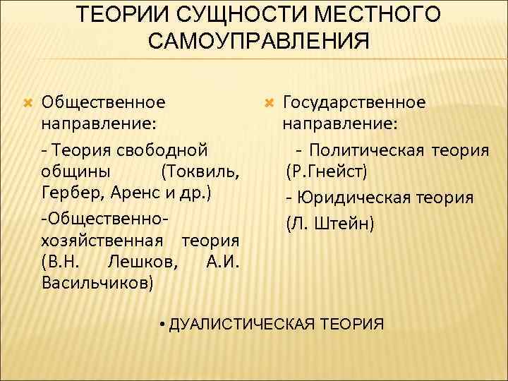 ТЕОРИИ СУЩНОСТИ МЕСТНОГО САМОУПРАВЛЕНИЯ Общественное направление: - Теория свободной общины (Токвиль, Гербер, Аренс и
