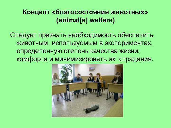 Концепт «благосостояния животных» (animal[s] welfare) Следует признать необходимость обеспечить животным, используемым в экспериментах, определенную