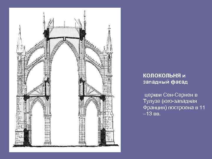 КОЛОКОЛЬНЯ и западный фасад церкви Сен-Сернен в Тулузе (юго-западная Франция) построена в 11 –