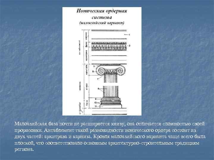 Малоазийская база почти не расширяется книзу, она отличается сложностью своей прорисовки. Антаблемент такой разновидности