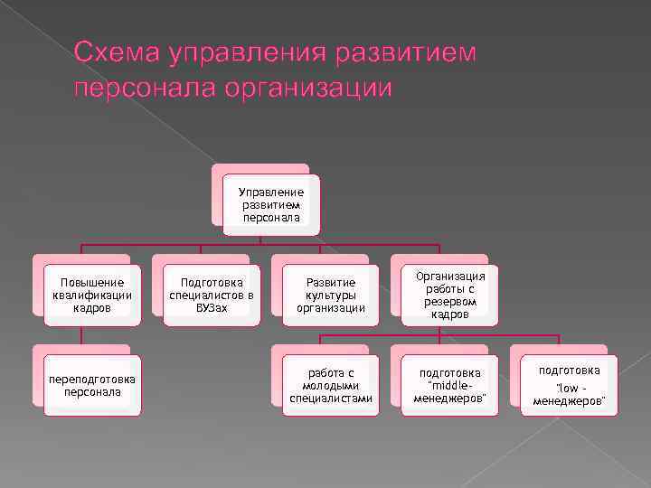 Схема управления развитием персонала организации Управление развитием персонала Повышение квалификации кадров переподготовка персонала Подготовка