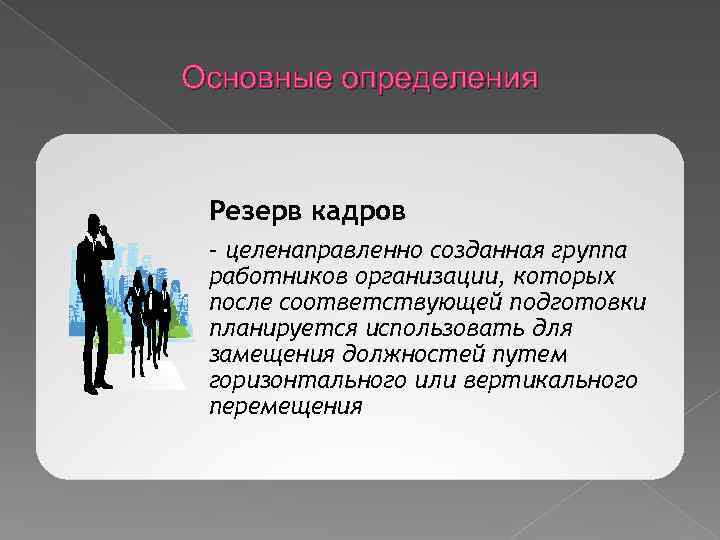 Основные определения Резерв кадров – целенаправленно созданная группа работников организации, которых после соответствующей подготовки