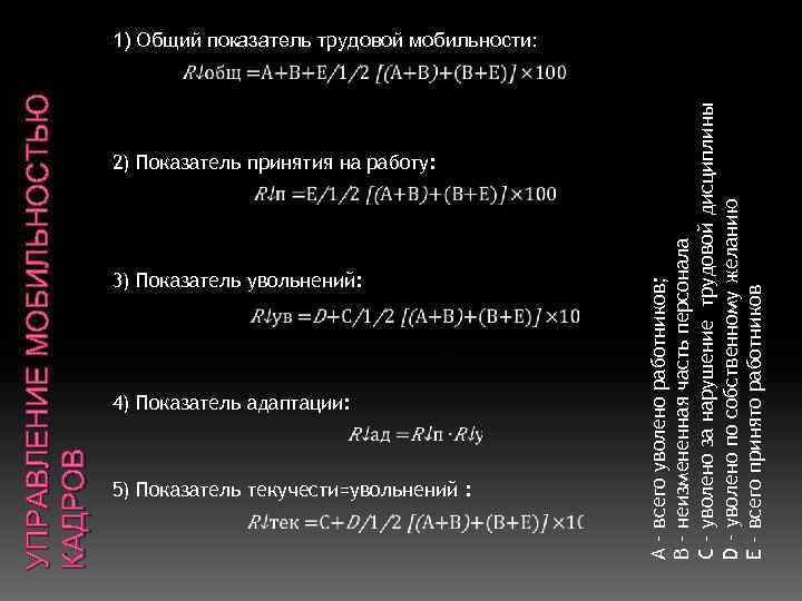 УПРАВЛЕНИЕ МОБИЛЬНОСТЬЮ КАДРОВ 2) Показатель принятия на работу: 3) Показатель увольнений: 4) Показатель адаптации: