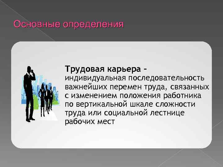 Основные определения Трудовая карьера – индивидуальная последовательность важнейших перемен труда, связанных с изменением положения